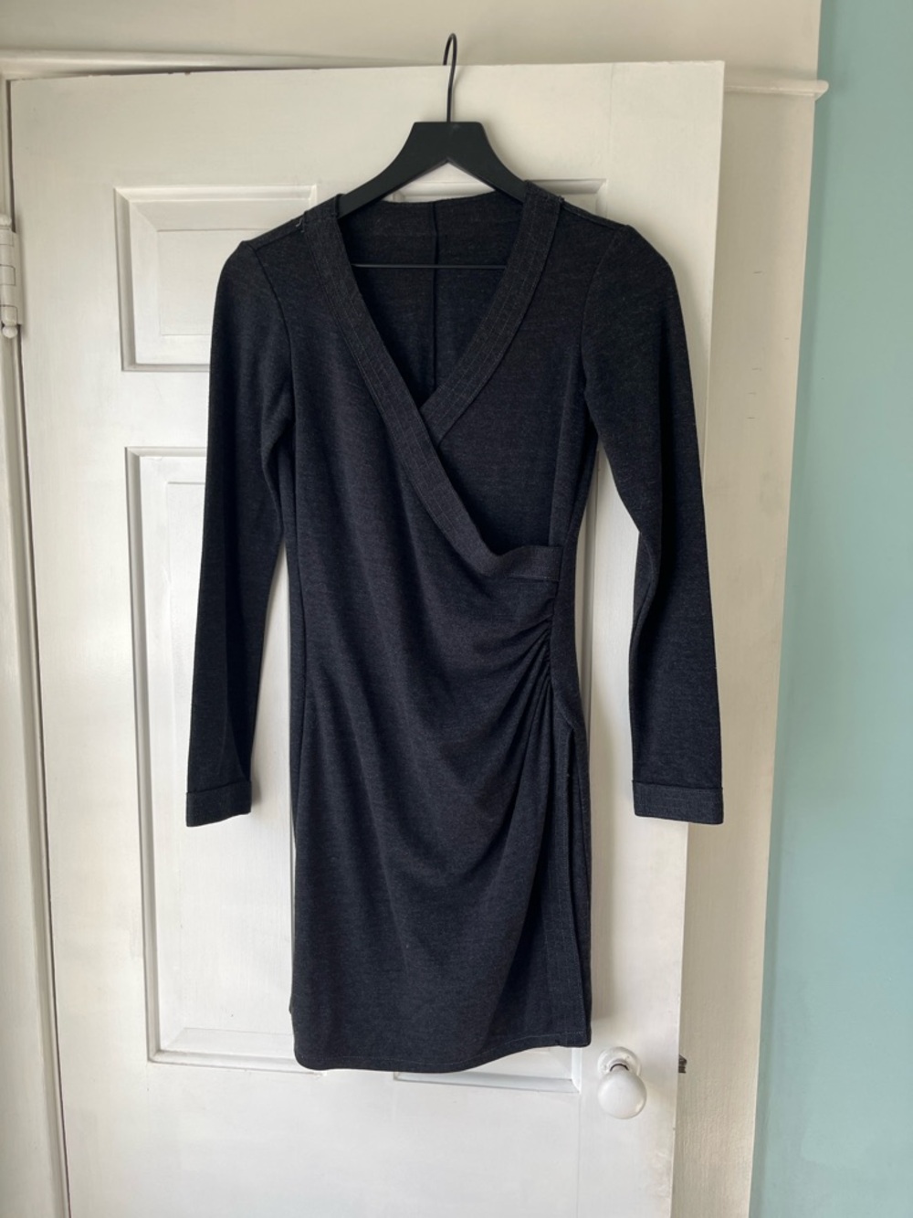 Charcoal Faux Wrap Long Sleeve V neck Mini Bodycon Dress